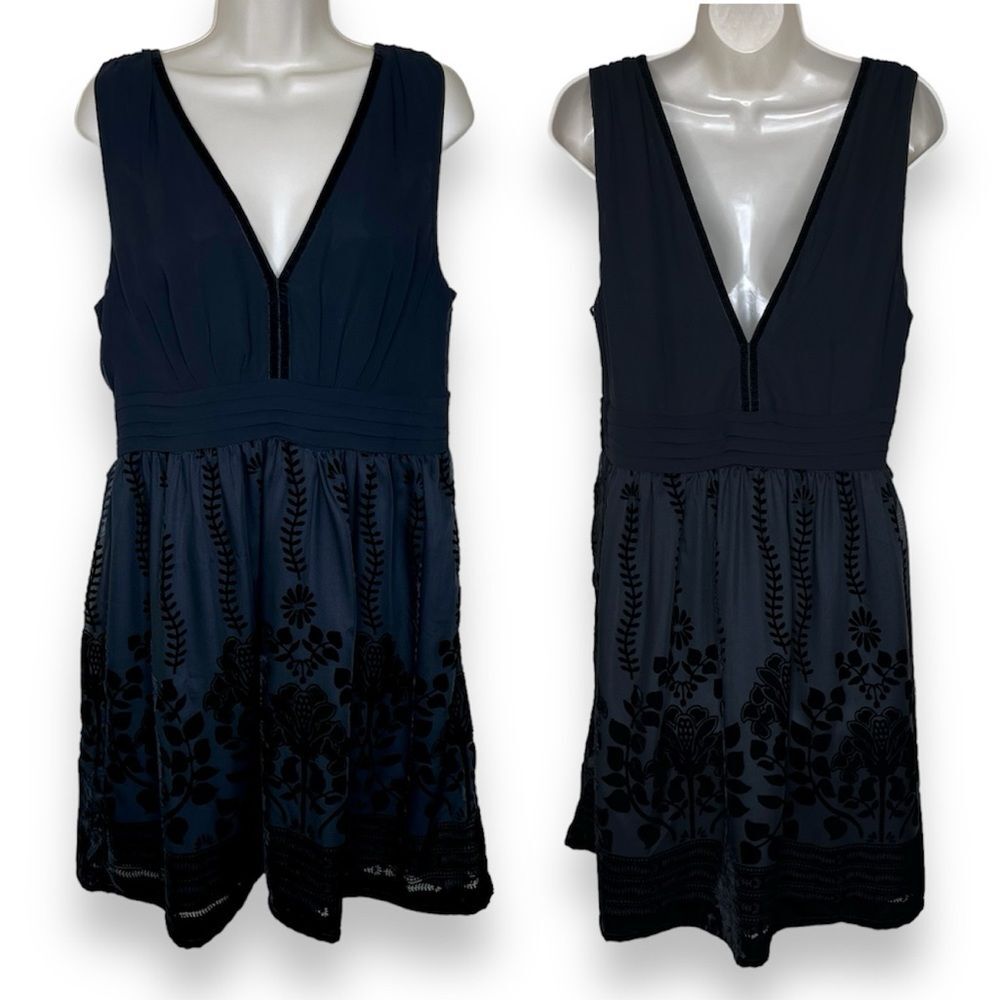 H&M Conscious Collection Deep V Black Burnout Velvet A Line Cocktail Dress 14